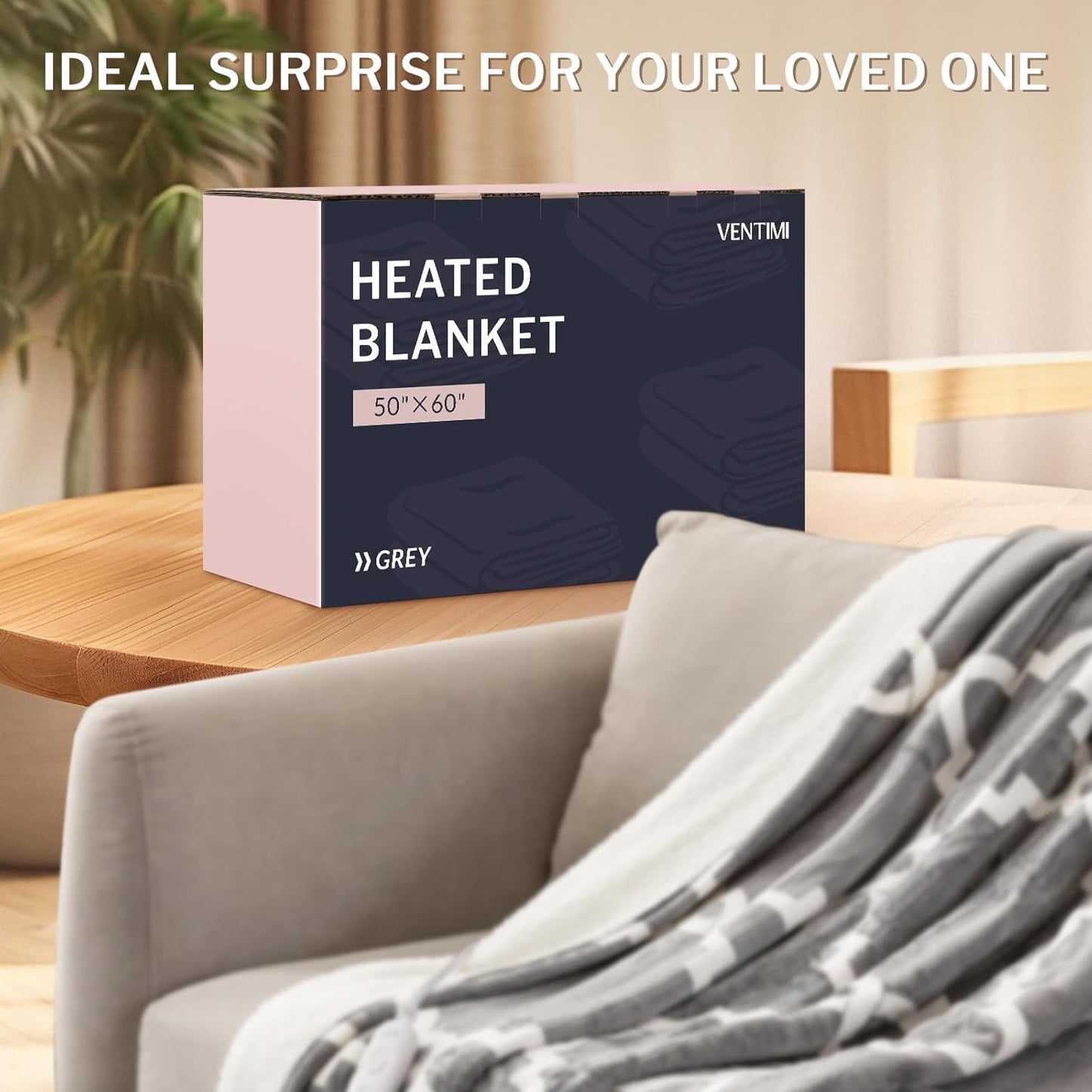 VENTIMI Electric Blanket Heated Throw, 50" x 60" Heated Blanket with 5 Heat Levels & 3 Hours Auto Off, Fast Heating Blankets with ETL & FCC Certification, Grey