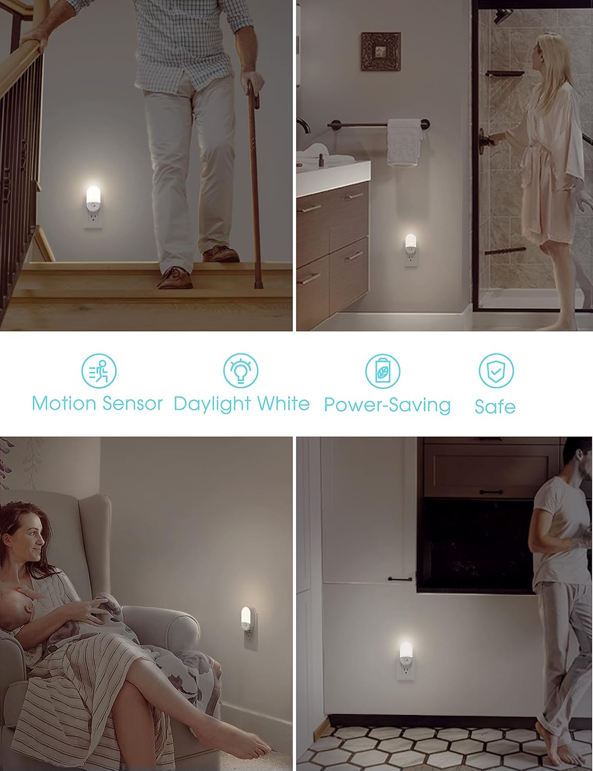 L LOHAS LED Amber Night Light, 2 Pack, Night Lights Plug into Wall Motion Sensor, 0.6W 2000K, LED Nightlights, 30/60LM Adjustable Brightness, Automatic Low Blue Nightlight for Kids, Bathroom, Hallway