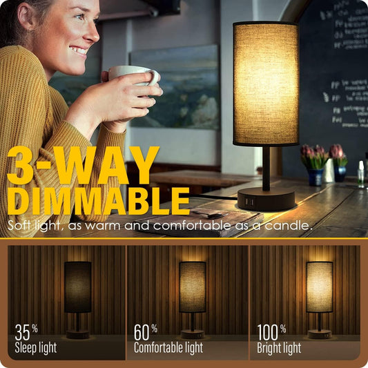 Yarra-Decor Bedside Lamps with USB Port - Touch Control Table Lamp for Bedroom Wood 3 Way Dimmable Nightstand Lamp Set of 2 with Round Flaxen Fabric Shade for Living Room, Dorm, Home Office (2 Pack)