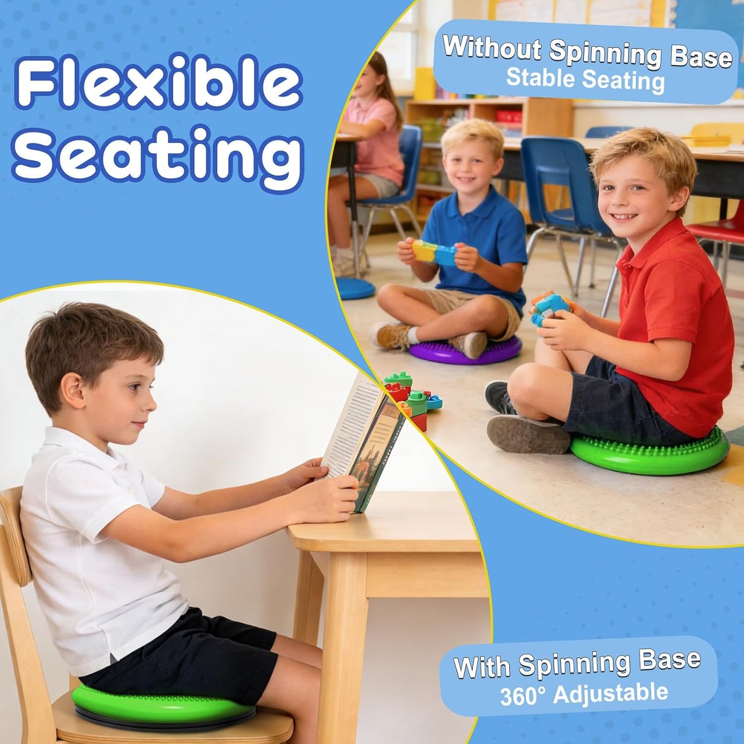 Wiggle Seat Cushion,Fimeetoy Sensory Spinning Chair,ADHD Tools for Kids,Flexible Seating Classroom & Home,Inflatable Wobble Balance Disc-Blue
