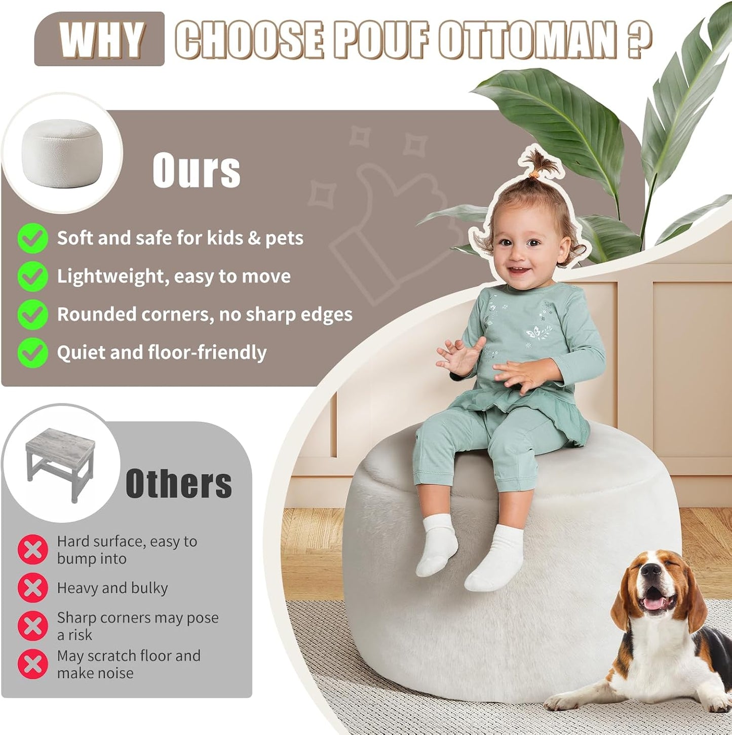 Round Stuffed Pouf Ottoman Foot Rest, Faux Fur Poufs with Memory Foam Filling, Ottomans for Living Room, Nursery, Dorm, Soft Foot Stool Ottoman for Couch, Perfect for Resting Your Feet (Grey, 20 Inch)