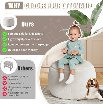 Round Stuffed Pouf Ottoman Foot Rest, Faux Fur Poufs with Memory Foam Filling, Ottomans for Living Room, Nursery, Dorm, Soft Foot Stool Ottoman for Couch, Perfect for Resting Your Feet (Grey, 20 Inch)