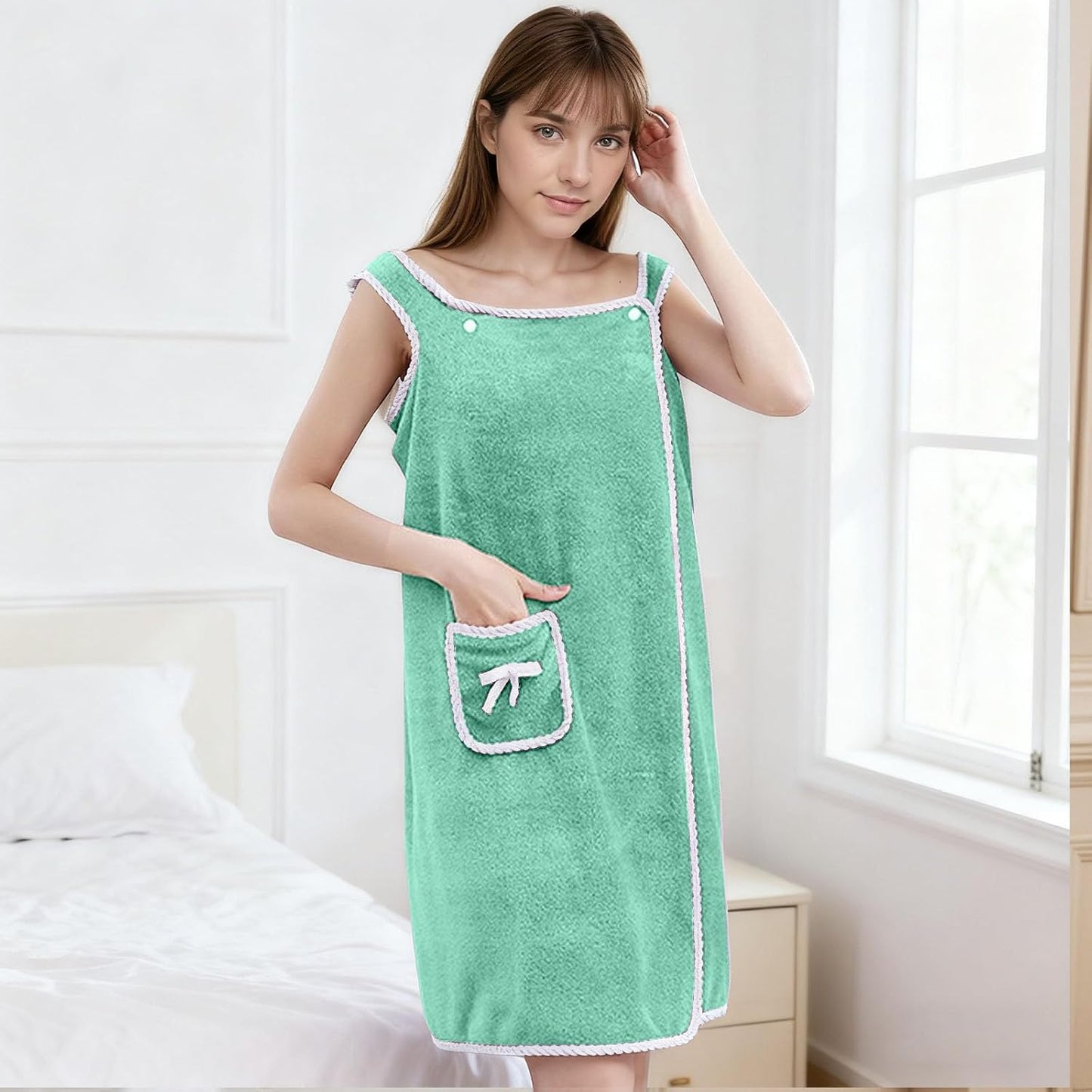 Women's Wearable Towel Bathrobe,Plus Size Wearable Shower Skirt,Quick Dry Absorbent Bath Towel for Comfortable Home Spa Body,Green, 53x31in/50-70kg