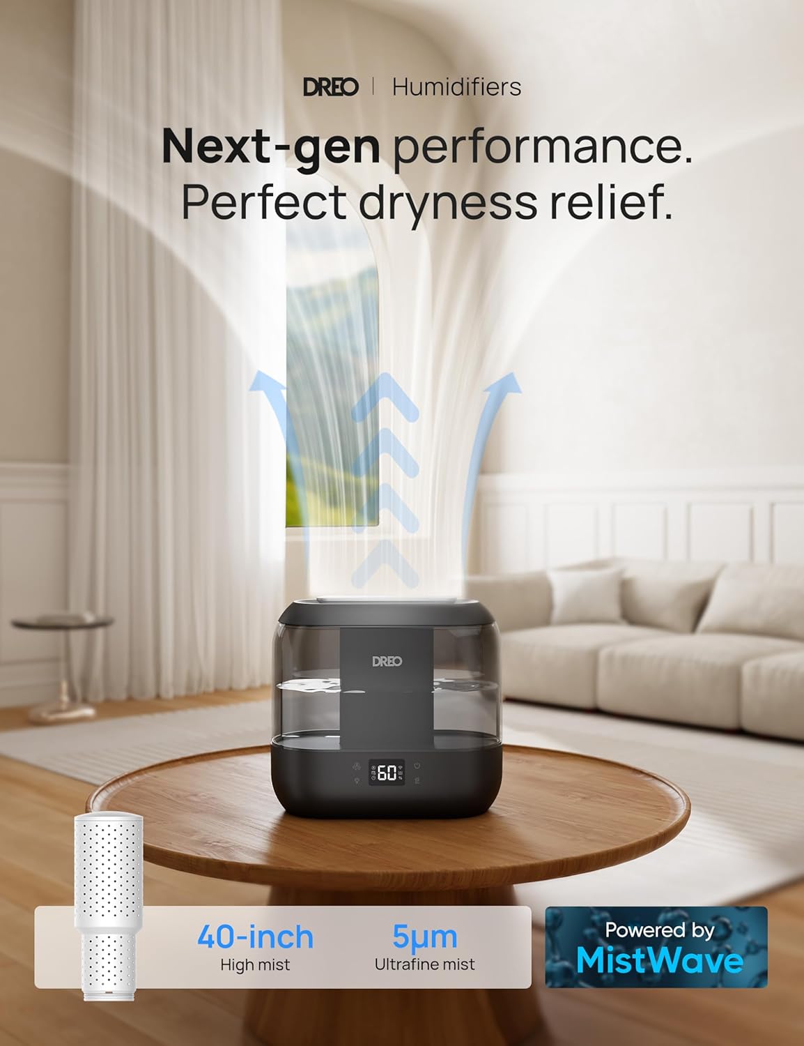 DREO 4L Smart Cool Mist Humidifiers for Bedroom HM311S Black | Top Fill, Quiet Sleep 28 dB, 36H Runtime for large room, Touch/APP/Voice Control, Nightlight, ideal for Baby, Plants, Nursery