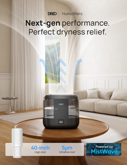 DREO 4L Smart Cool Mist Humidifiers for Bedroom HM311S Black | Top Fill, Quiet Sleep 28 dB, 36H Runtime for large room, Touch/APP/Voice Control, Nightlight, ideal for Baby, Plants, Nursery