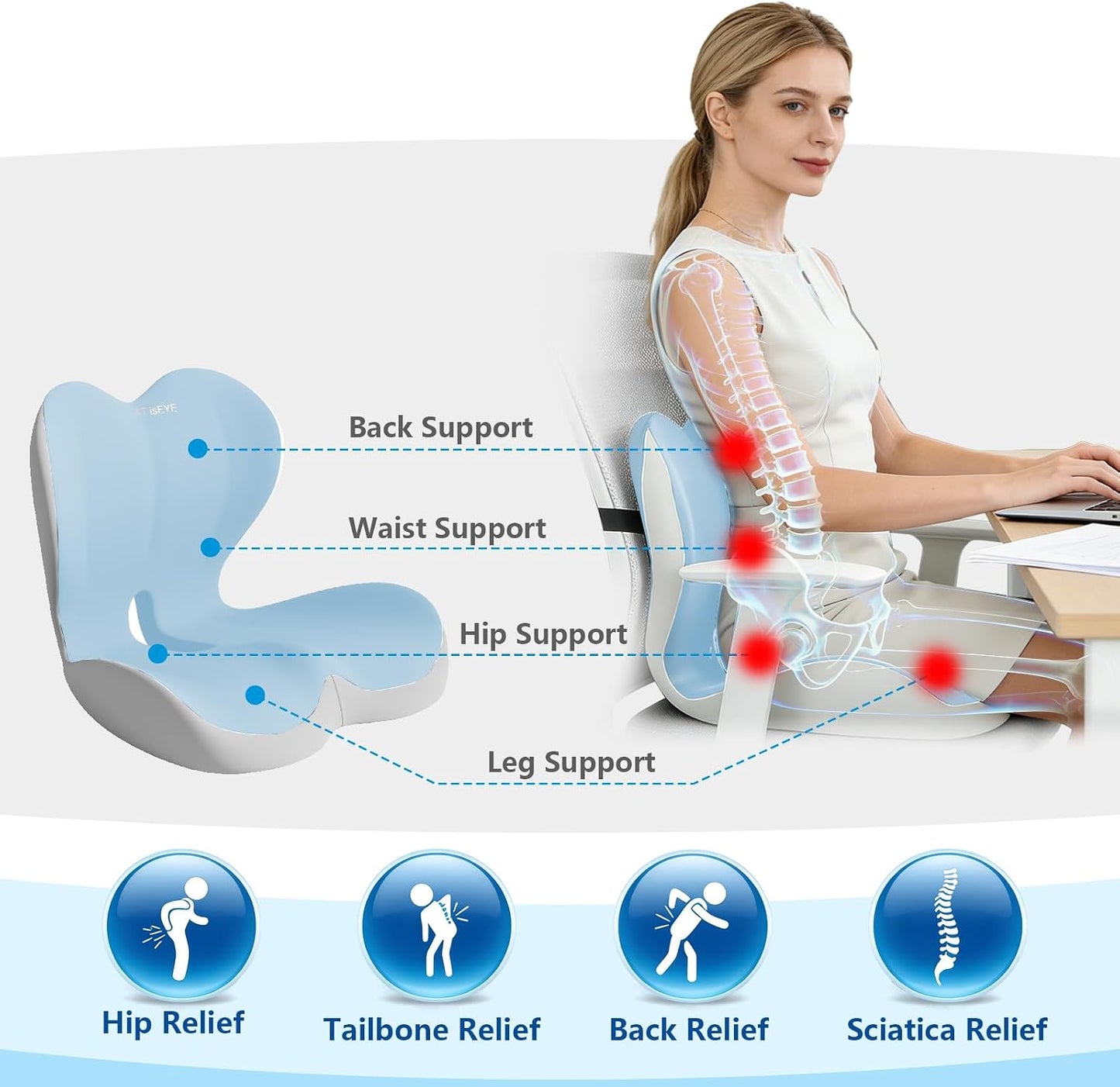 2026 Upgraded Orthopedic Memory Foam Seat Cushion with Adjustable Strap, Coccyx & Sciatica Pain Relief, Washable Non-Slip, Ergonomic Support for Office Chair, Car & Wheelchair (Dark Grey)
