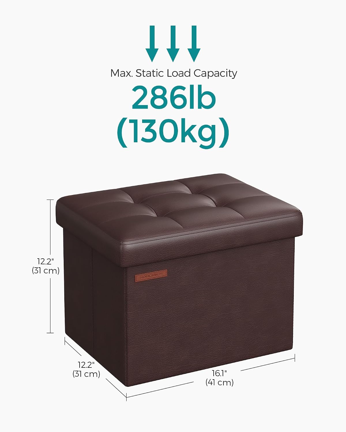 SONGMICS Small Folding Storage Ottoman, Foot Rest Stool, Cube Footrest, Synthetic Leather, 12.2 x 16.1 x 12.2 Inches, 286 lb Capacity, for Living Room, Bedroom, Dorm, Ink Black ULSF100B01