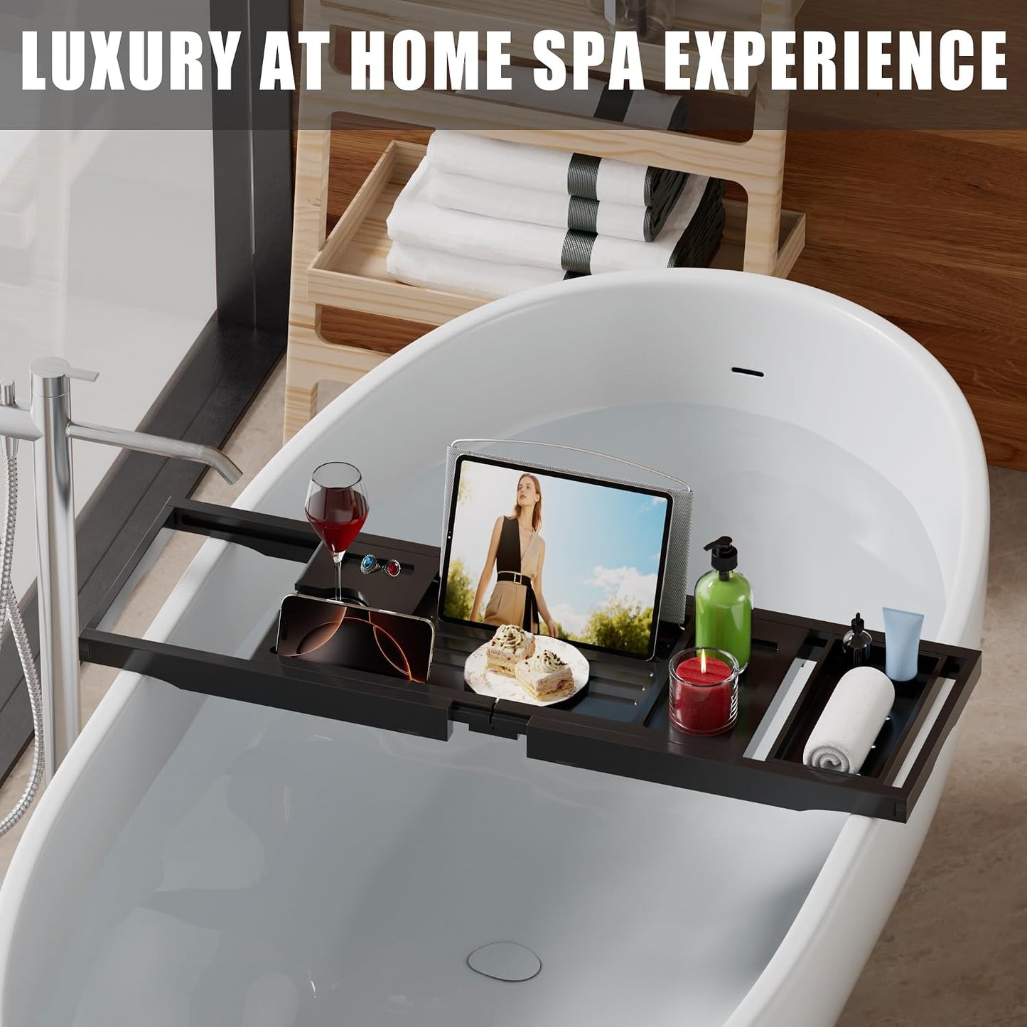 Foldable Bathtub Caddy Tray for Tub,Bamboo Expandable Bath Table Trays,Premium Bathroom Accessories for New Home & Mothers Day & Birthday Gifts for Couples,Natural