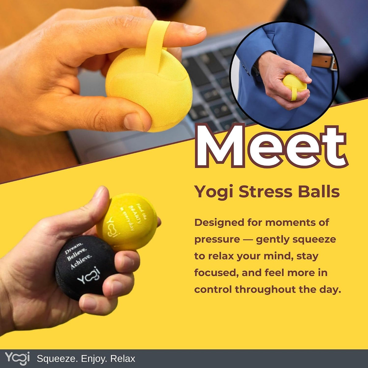 Yogi Stress Ball, Finger Strap, Stress Relief, Squeeze Ball for Anxiety