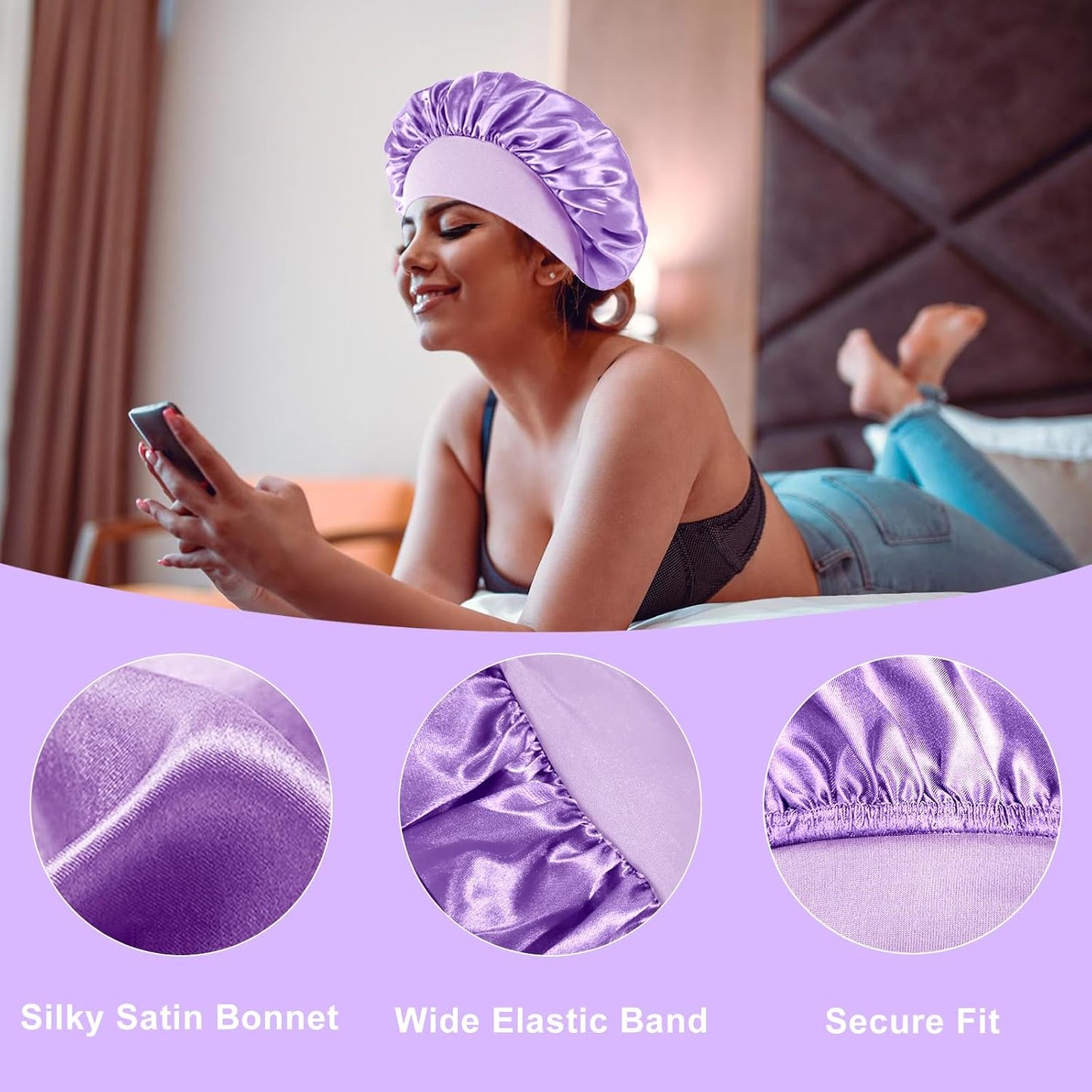 4Pcs Silk Satin Bonnets for Sleeping - Elastic Wide Band Wrap for Black Women Men,Silk Bonnets for Curly Hair,Large Hair Cap for Sleeping (Black+Wine Red+Purple+Brown)
