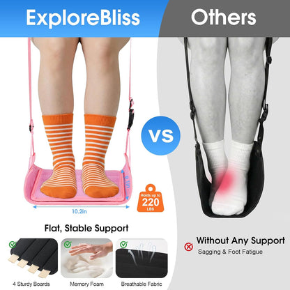 ExploreBliss Airplane Foot Rest - Lightweight Foot Hammock for Plane Travel with Adjustable Strap & Thick Board, Tray Table Under Desk Footrest to Relax Feet, Travel Essentials for Long Flights(Black)