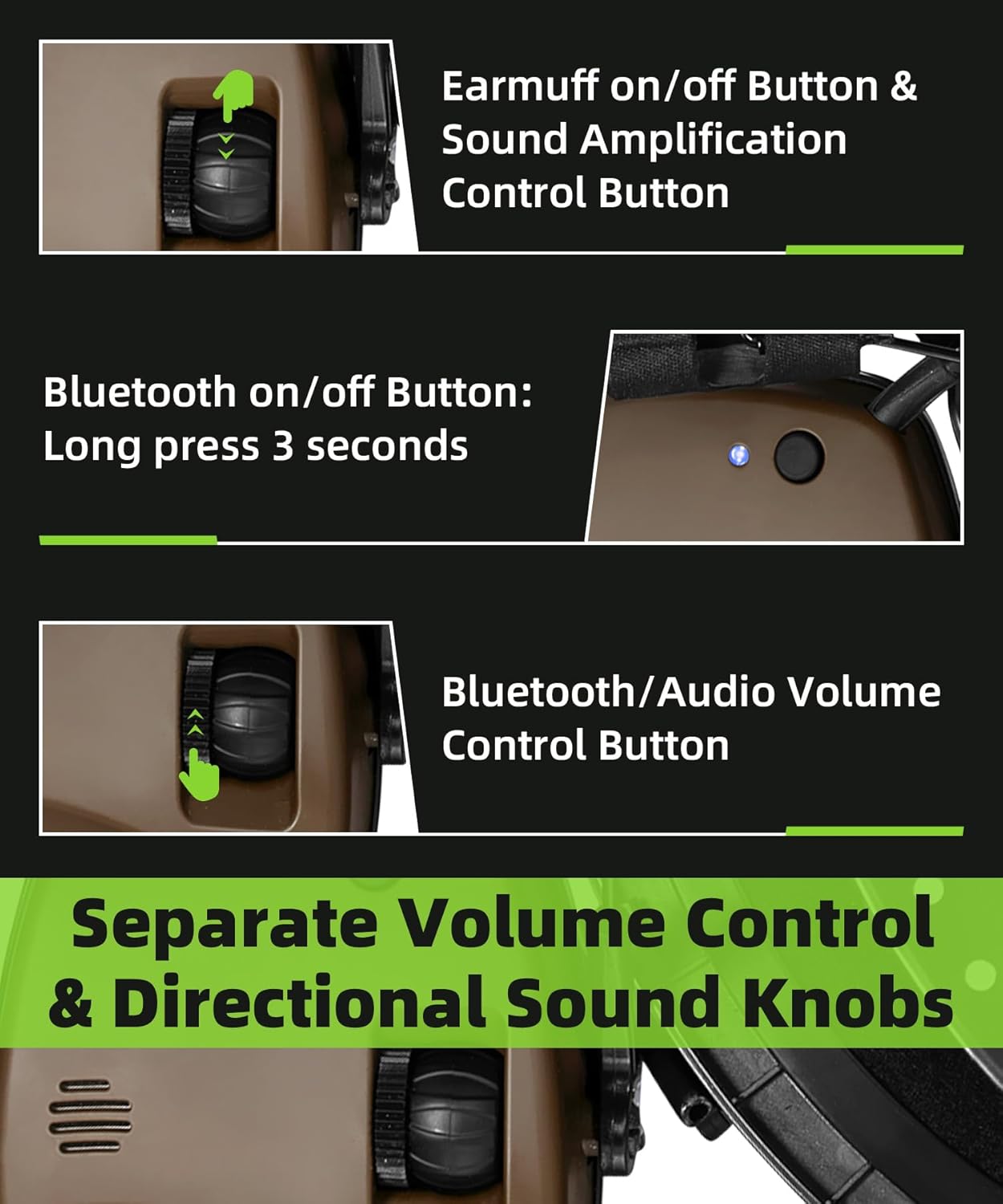 ZOHAN 035 Bluetooth 6.0 Shooting Ear Protection Earmuff, Active Noise Canceling, Hearing Protection with Sound Amplification (Green Bluetooth)
