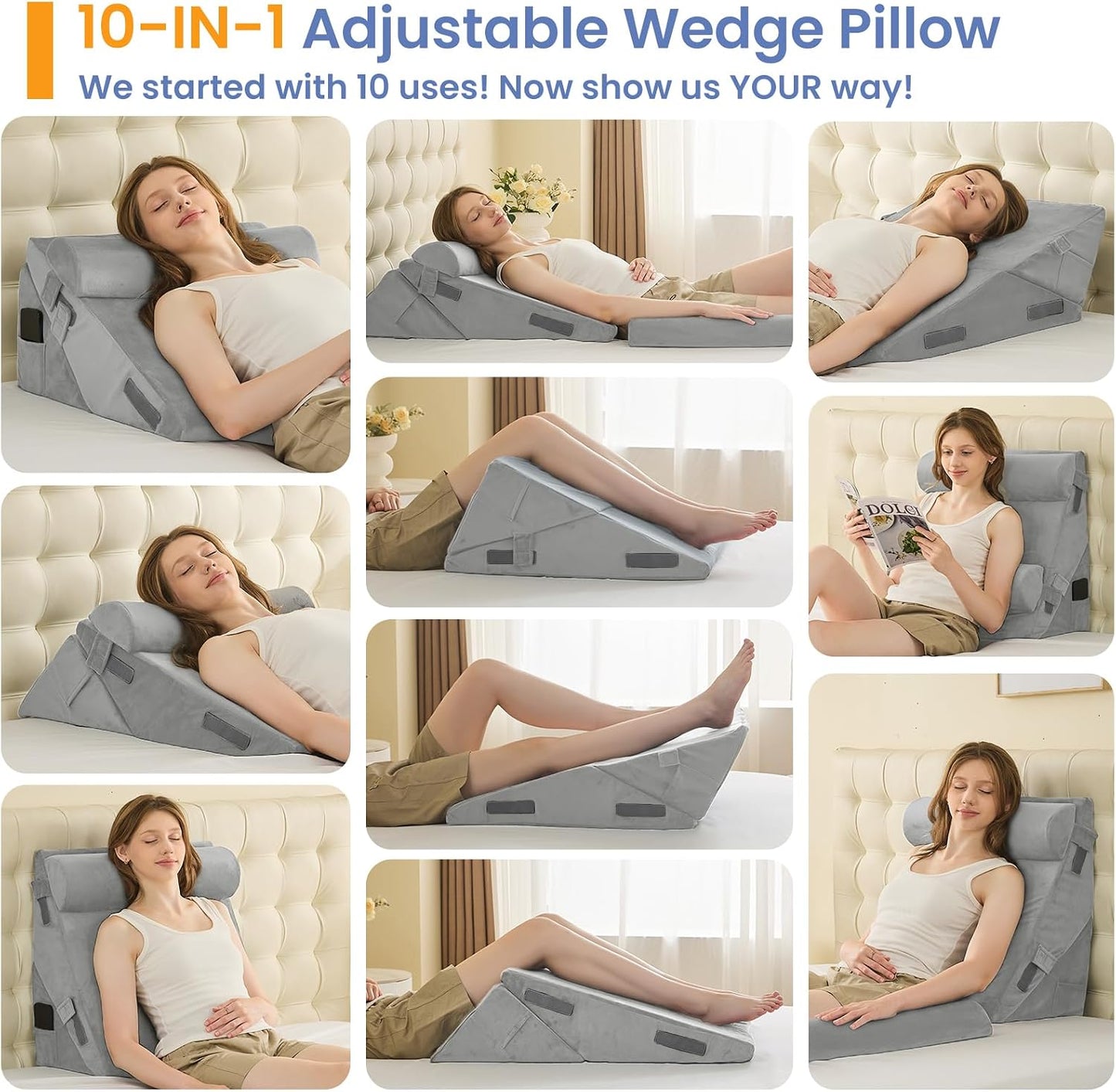 Sasttie Wedge Pillow Set for After Surgery, 2PCS Adjustable Bed Wedge Pillow Headboard with Memory Foam Neck Cushion – for Acid Reflux, Sleeping, Neck & Back Support, Dark Grey & White