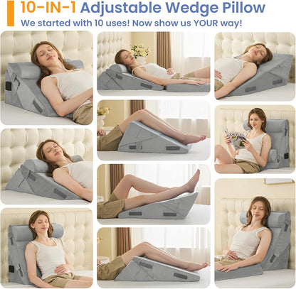 Sasttie Wedge Pillow Set for After Surgery, 2PCS Adjustable Bed Wedge Pillow Headboard with Memory Foam Neck Cushion – for Acid Reflux, Sleeping, Neck & Back Support, Dark Grey & White