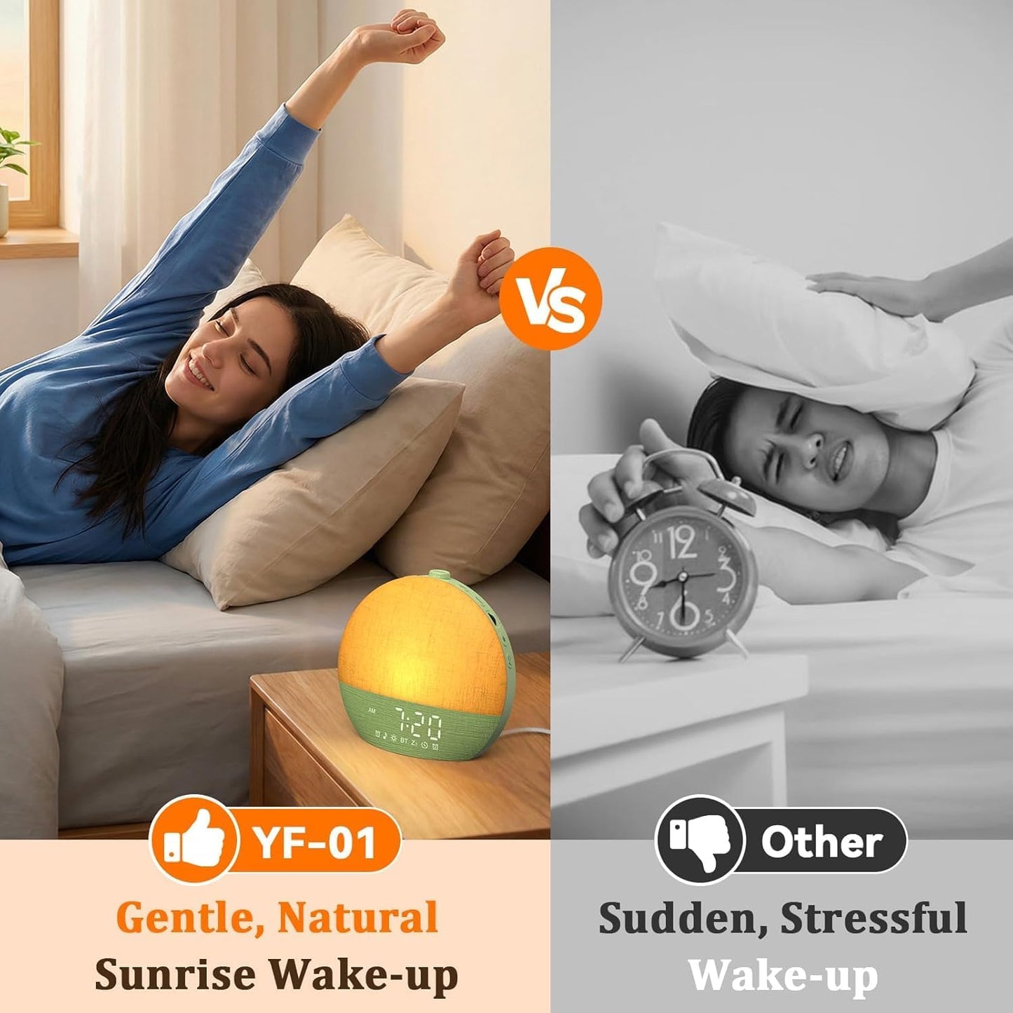 Sunrise Alarm Clock with Sound Machine - Wake Up Light, Wood Grain, Bluetooth, Dual Digital Alarm Clocks for Bedrooms, Adjustable Brightness, 30 Sleep Sounds, White Noise Machine for Baby & Adults