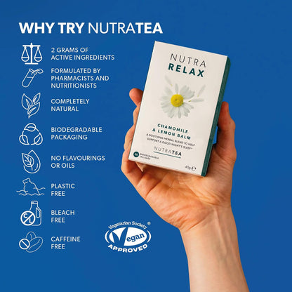 NUTRARELAX - Sleep and Calming Tea – Helps with Relaxation and Sleep – Includes Chamomile, Lemon Balm and Passionflower - 20 Enveloped Tea Bags - by Nutra Tea - Herbal Tea