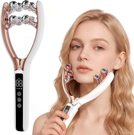 Rechargeable Face & Neck Massager – 3D Roller Facial Lifting Device with Gentle Heat & Vibration, Jawline Contour Tool, Portable Anti-Puffiness Massager for Home, Office & Travel