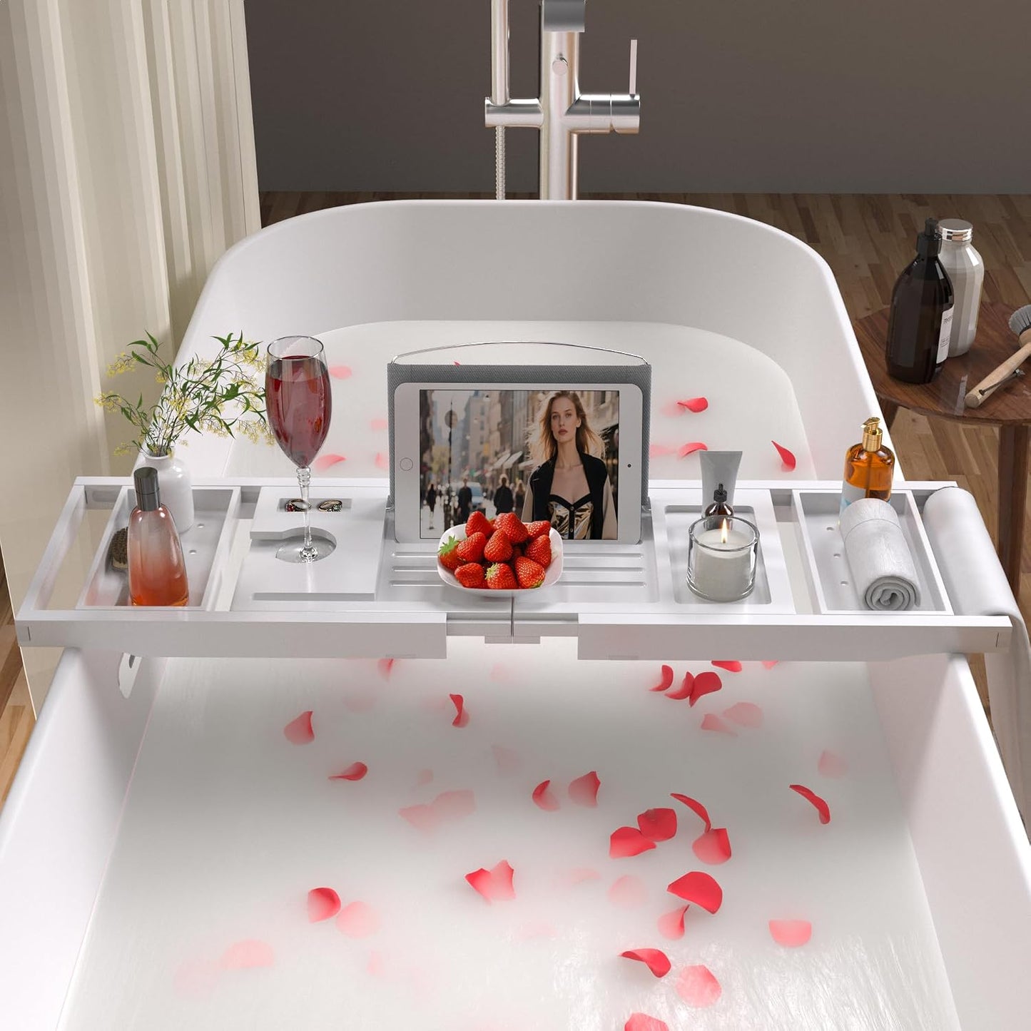 Artmalle Luxury Bathtub Caddy Tray for Tub - Foldable Bamboo Bath Table Tray with Book and Wine Glass Holder, Expandable Bathroom Accessories for Spa or Reading Lite Style