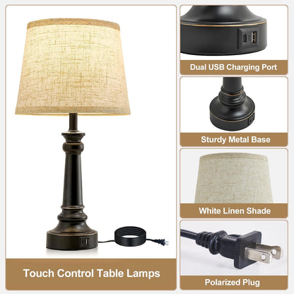 EJIAXIN Lamps for Bedrooms Set of 2, Brushed Nickel Bedside Lamps with USB C+A Ports,Dimmable Nightstand Lamps with Fabric Lampshade, Touch Table Lamp for Living Room Bedroom Office, Bulbs Included
