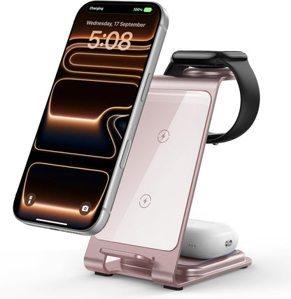 Intoval Aluminum 3 in 1 Wireless Charging Station for iPhone 17 16 15 14 13 12 11 Pro Max XR, Wireless Charger for Apple Watch 11 10 9 8 7 Ultra SE 3 2, Phone Charger for AirPods 4 Pro 2 3 (Grey)