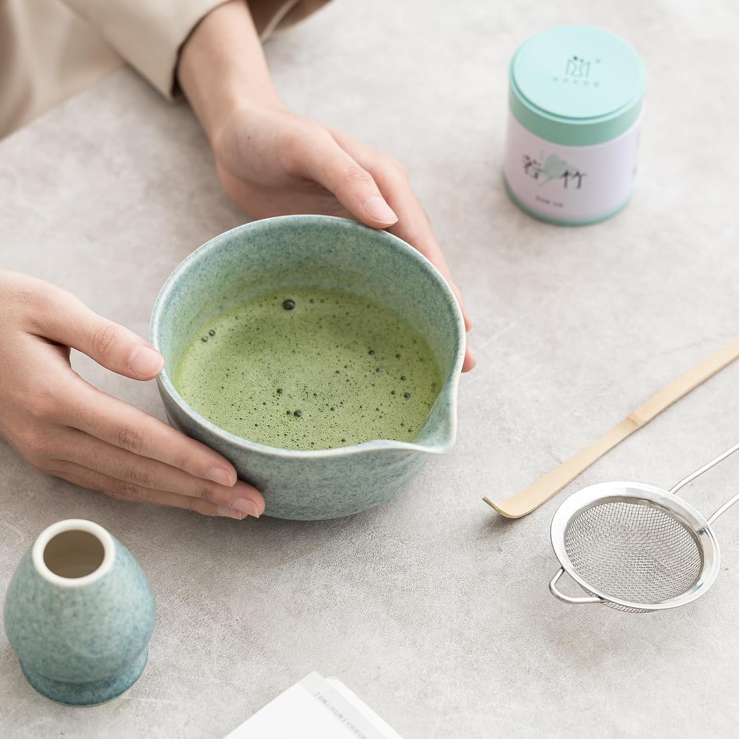 Matcha Set, Japanese Tea Set Includes Matcha Bowl with Spout, Matcha Whisk Holder, Bamboo Matcha Whisk and Bamboo Scoop, 17 oz Mottled Green Glaze Ceramic Matcha Kit for Tea Lovers