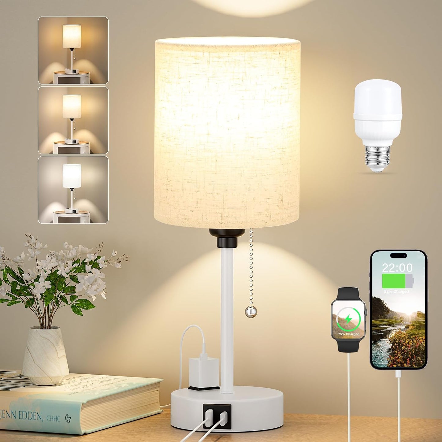 Small Bedside Table lamp for Bedroom - 3 Color Temperatures Bedside Lamps with USB C and A Ports, Pull Chain Table Lamps with AC Outlet, White Nightstand Lamps with Black Metal Base for Kids Reading