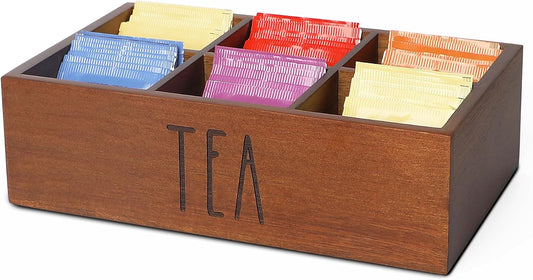 LBEMEY Tea Bag Organizer,Acacia Wood Tea Storage Containers with 6 Compartments, Sugar Packet Holder,Tea Bag Caddy Box for Cabinet Countertop Office (Brown-Labeled "Tea")