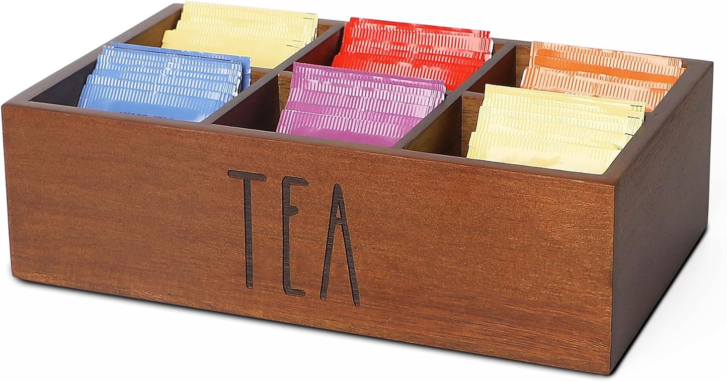 LBEMEY Tea Bag Organizer, Wood Tea Storage Containers with 6 Compartments, Sugar Packet Holder,Tea Bag Caddy Box for Cabinet Countertop Office (Brown-Labeled "Tea")