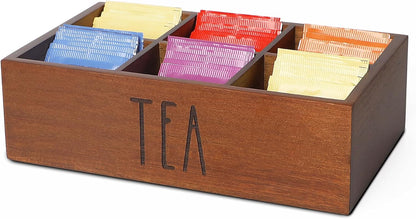 LBEMEY Tea Bag Organizer, Wood Tea Storage Containers with 6 Compartments, Sugar Packet Holder,Tea Bag Caddy Box for Cabinet Countertop Office (Brown-Labeled "Tea")