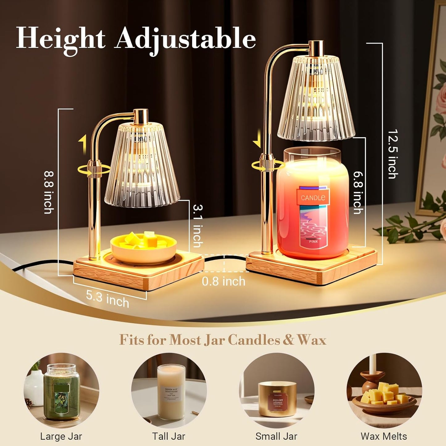 Marycele Candle Warmer Lamp with Timer & Dimmer - Mothers Day Gifts for Women Mom Her, Aesthetic Office Home Decor, Adjustable Height Wax Melter for Candle Jar & 3-Wick Candles (2 Bulbs Included)