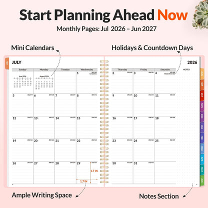 SUNEE Academic Planner 2026-2027 – Weekly & Monthly Planner, July 2026 to June 2027, 6.4"x8.3", Thick Paper, Tabs, Pockets, Bookmark, Spiral-Bound, Student Teacher Organizer, Black