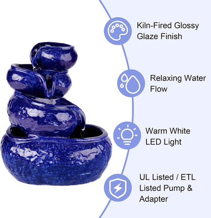 Glitzhome Ceramic Tabletop Tiered Water Fountain with Pump and LED Light 8.75'' Turquoise Leaf Textured Water Fountain Zen Decor for Indoor and Home Decoration Table Desk Office Patio