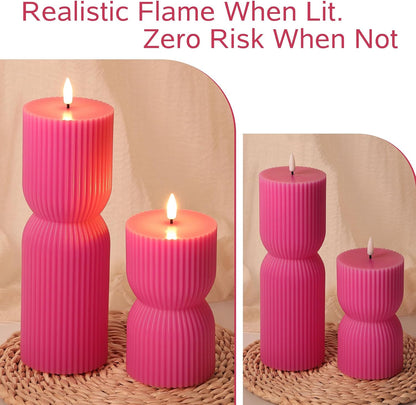 White Ribbed Flameless Pillar Candles with Remote, Real Wax Flickering Battery LED Candles Set of 2