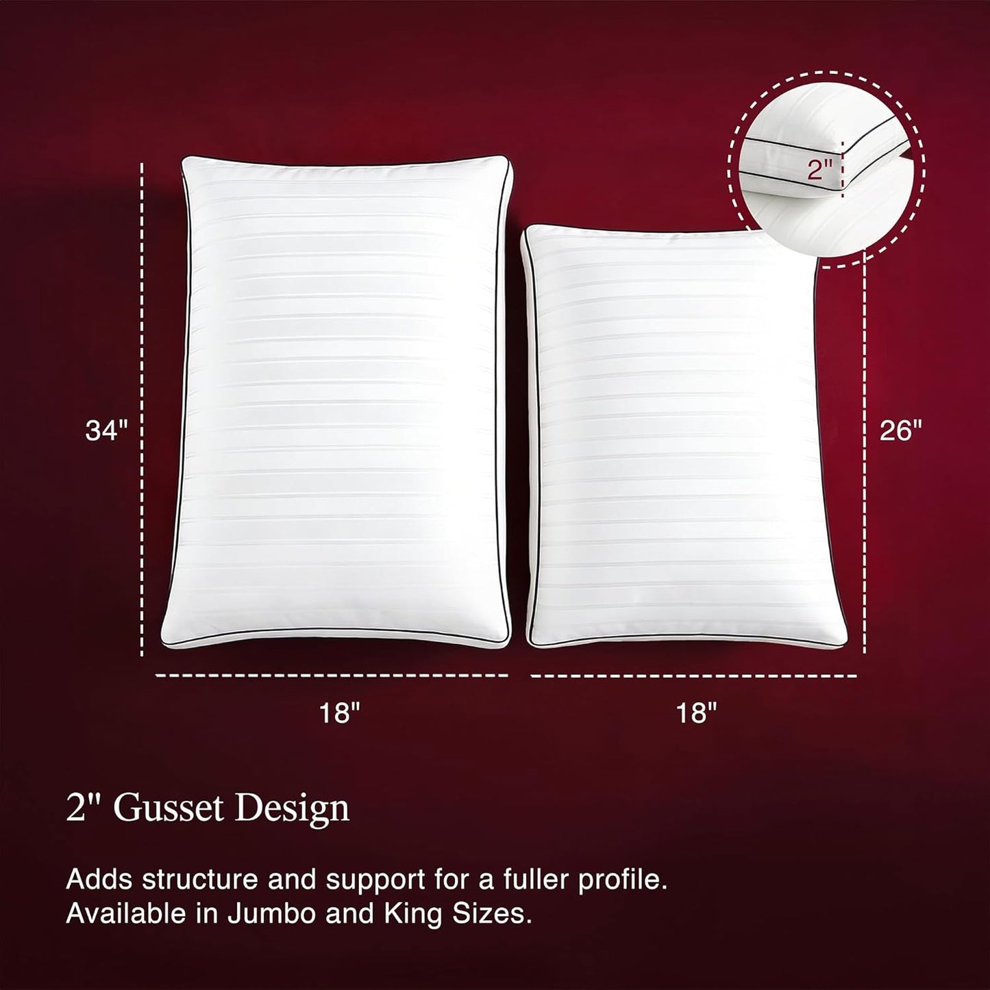 Blue Ridge Home Fashions Luxury Hotel Quality Cooling Pillows Queen Size Set of 2, Soft Touch Firm Support 500 Thread Count Damask Stripe Embroidered 100% Cotton Cover, Down Alternative