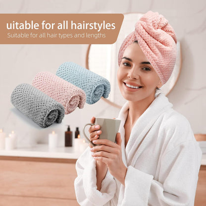 CZZXI 3 PCS Microfiber Hair Towel, Hair Wraps for Women Wet Hair, Fast Drying Hair Turban, Anti Frizz Head Towels Wrap for Curly Hair (Purple, Pink, Blue)