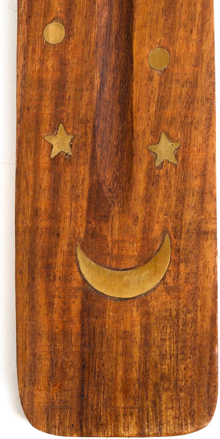 Wooden Incense Holder for Sticks with Inlays of Brass Crescent Moon 10 inches Long