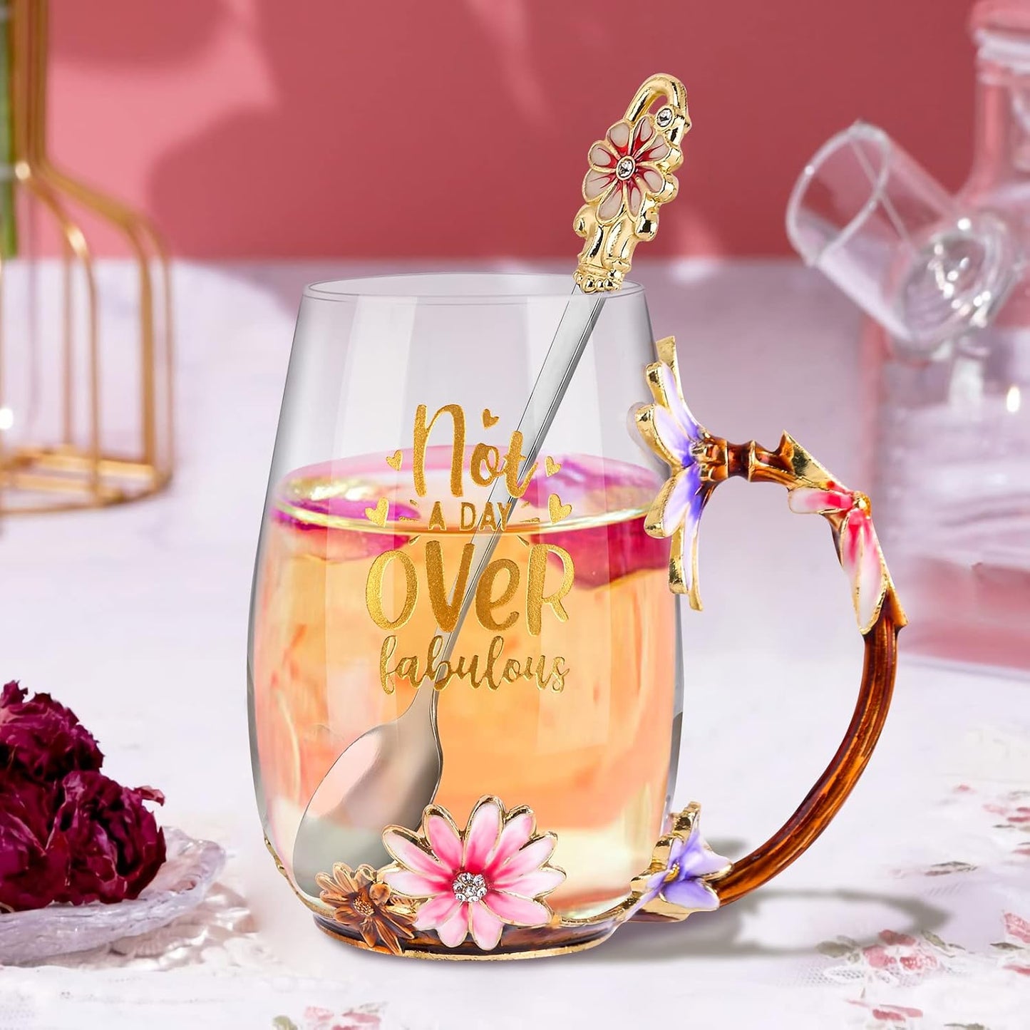 Enamel Glass Flower Tea Pot With Removable Loose Tea Leaf Infuser Tea Maker Teapot Set 30.4OZ Gifts for Women,Mom,Birthday