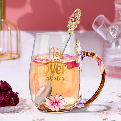 Enamel Glass Flower Tea Pot With Removable Loose Tea Leaf Infuser Tea Maker Teapot Set 30.4OZ Gifts for Women,Mom,Birthday