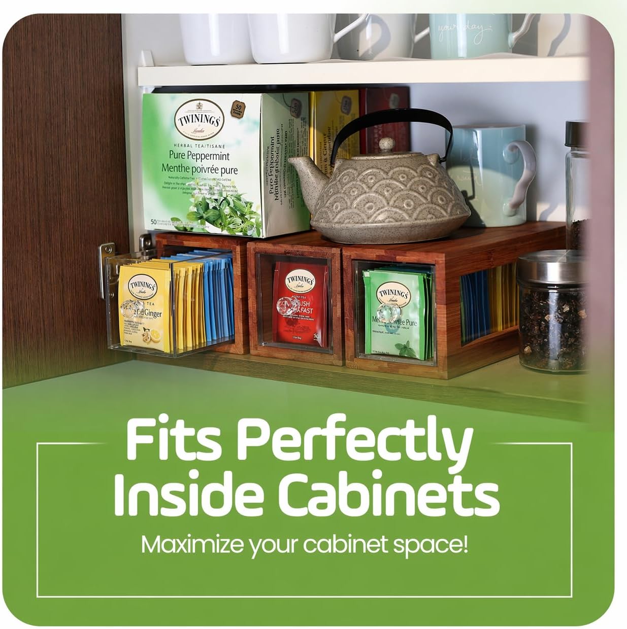 Bamboo and Acrylic Drawer Tea Bag Holder- Durable & Elegant Tea Bag Storage Holder for Kitchen Countertop, Space-Saving Tea Drawer Organizer