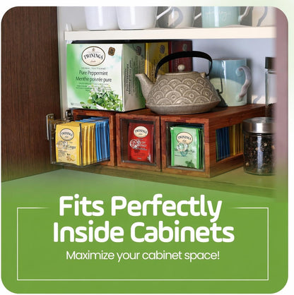 Bamboo and Acrylic Drawer Tea Bag Holder- Durable & Elegant Tea Bag Storage Holder for Kitchen Countertop, Space-Saving Tea Drawer Organizer