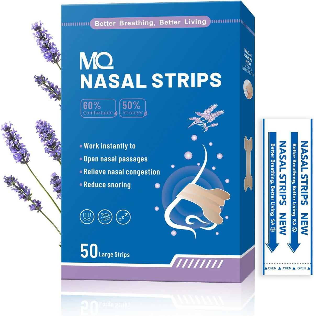 MQ 100ct Nasal Strips for Snoring Black Nose Strips for Breathing Extra Strength Snore Strips to Open Nasal Passages, Relieve Nasal Congestion