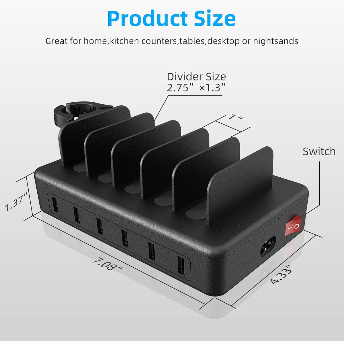 Charging Station for Multiple Devices, 50W 6 Ports Charging Dock with Stand