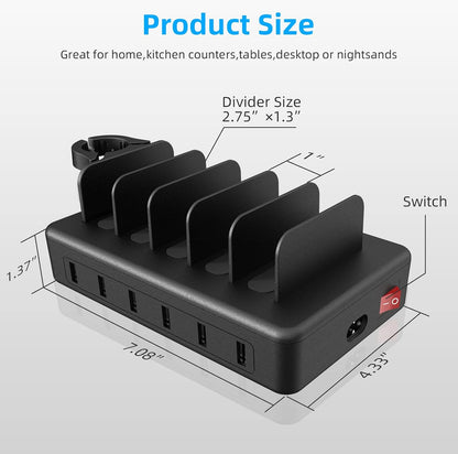 Charging Station for Multiple Devices, 50W 6 Ports Charging Dock with Stand