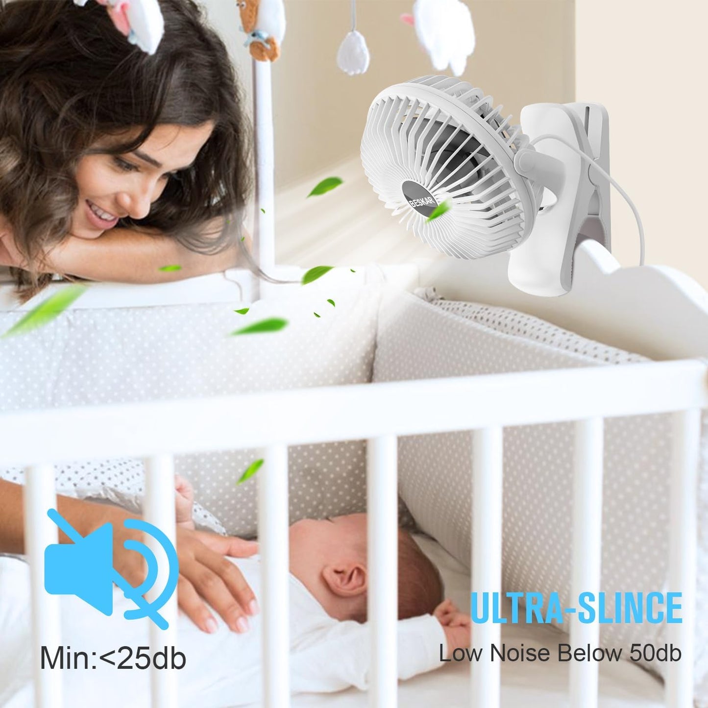 BESKAR Small Clip on Fan, 3 Speeds USB Fans with Strong Airflow, Clip & Desk Fans USB Plug in with Sturdy Clamp - Ultra Quiet operation for Office Dorm Bedroom Stroller