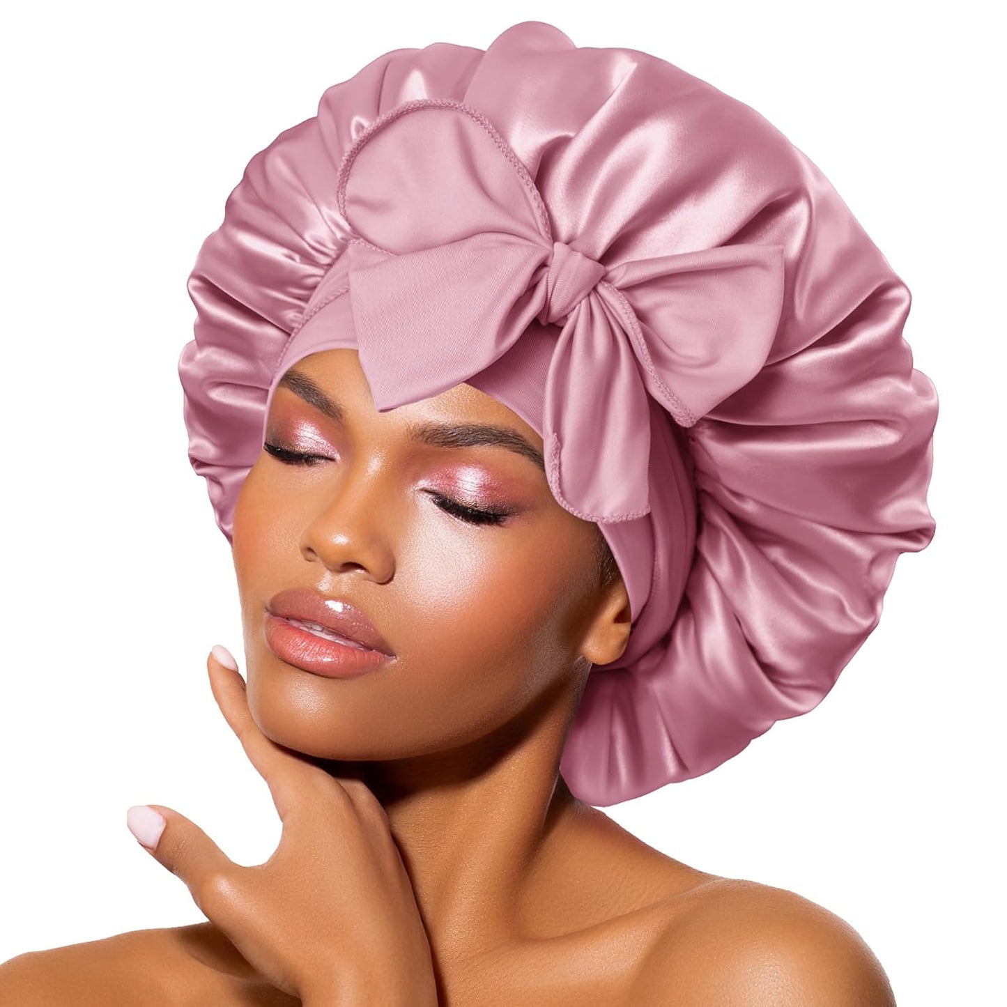 BONNET QUEEN Silk Bonnet for Sleeping for Women Satin Bonnet Night Cap for Curly Hair with Tie Band, Single Layer, Cream Pink