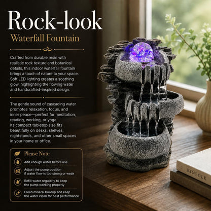 Indoor Tabletop Water Fountain with LED Light, Resin Rock-Look Waterfall Decor, Feng Shui Inspired Zen Fountain for Desk, Office, Bedroom, Living Room & Meditation Space (9" Cascading Rock)