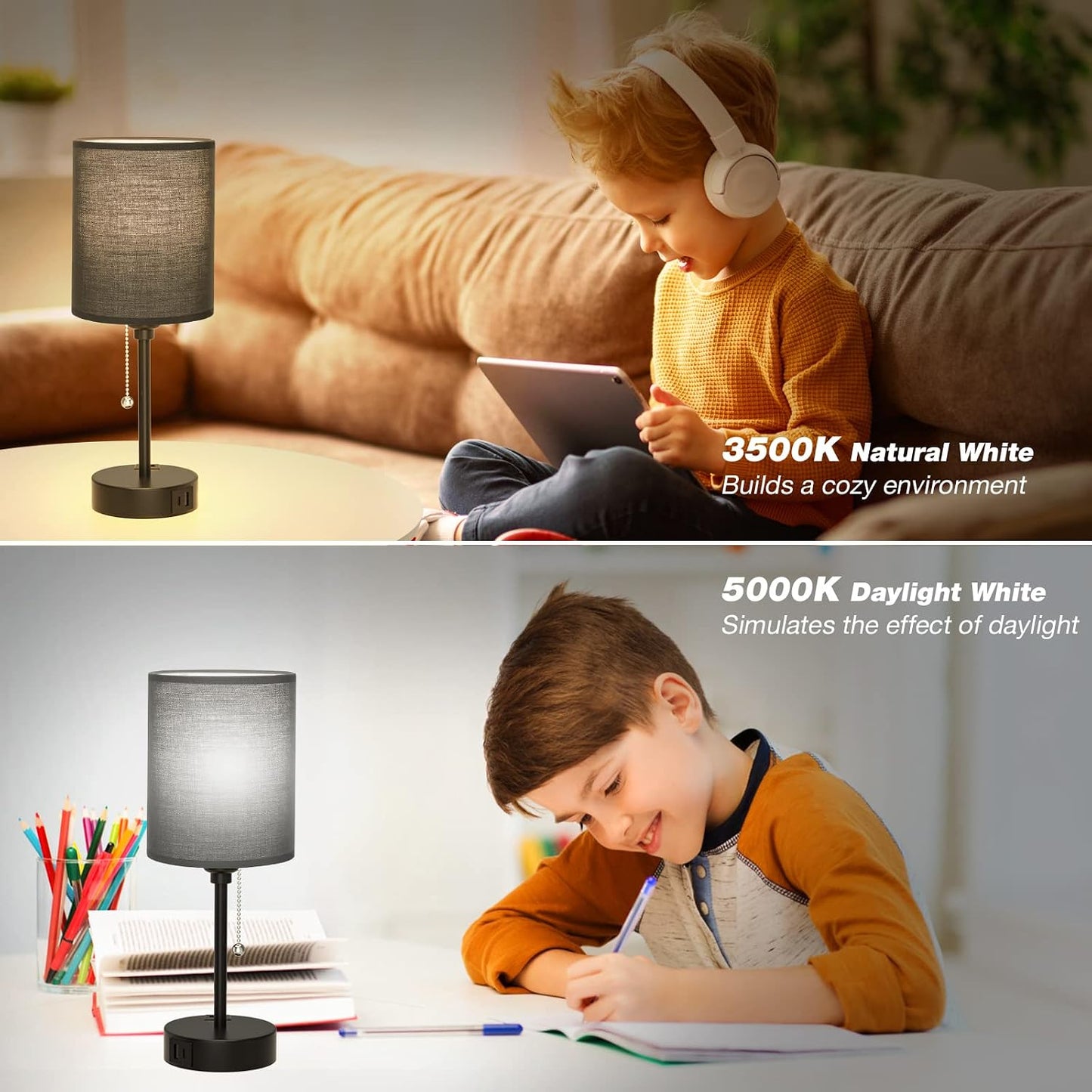 Small Bedside Table lamp for Bedroom - 3 Color Temperatures Bedside Lamps with USB C and A Ports, Pull Chain Table Lamps with AC Outlet, White Nightstand Lamps with Black Metal Base for Kids Reading