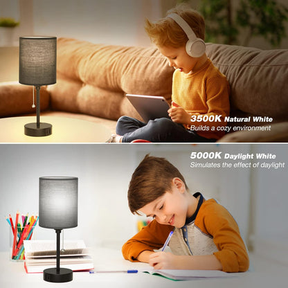 Small Bedside Table lamp for Bedroom - 3 Color Temperatures Bedside Lamps with USB C and A Ports, Pull Chain Table Lamps with AC Outlet, White Nightstand Lamps with Black Metal Base for Kids Reading