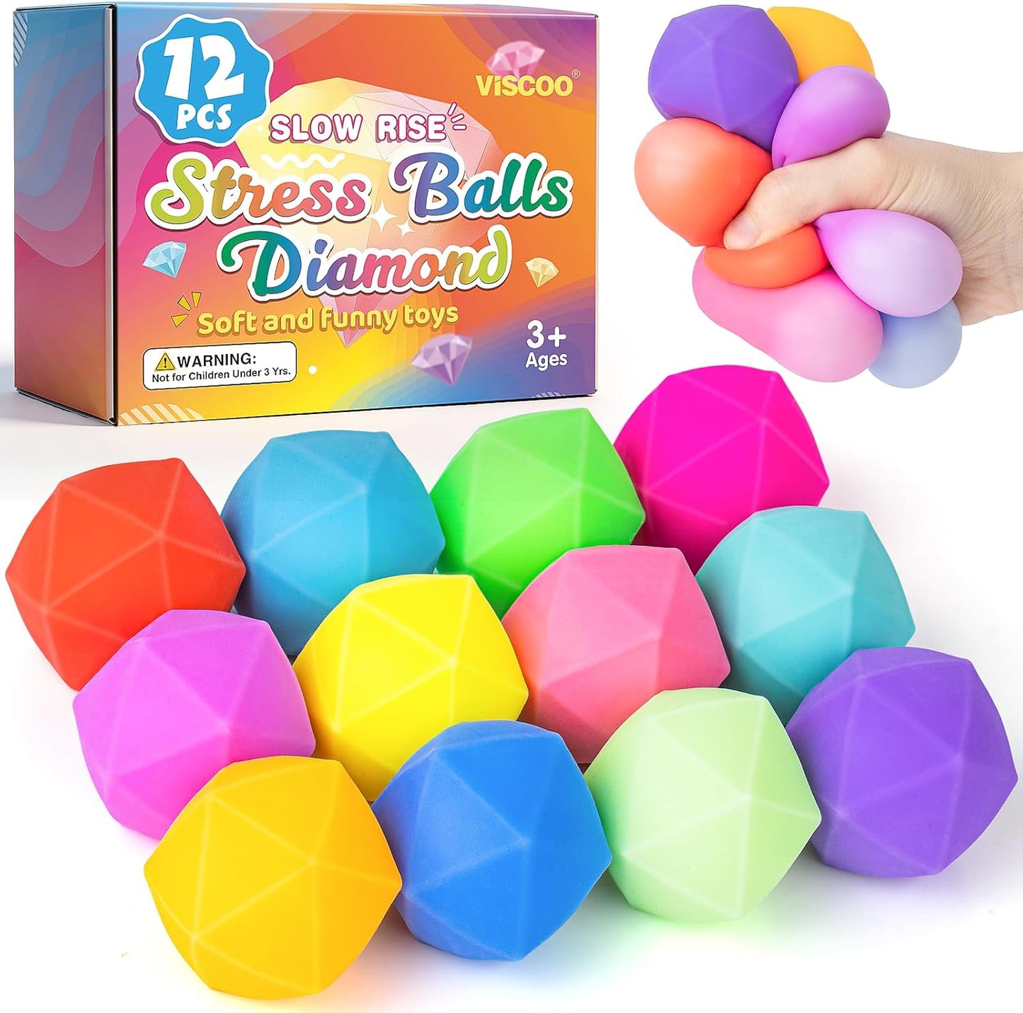 12 Pack Slow Rising Stress Ball,Stress Balls for Kids Adults,Stretchy Fidget Toys for Stress Relief,Hand Therapy Sensory Squishy Ball, Squishy Toys for Kids, Classroom Prize Box Party Favors