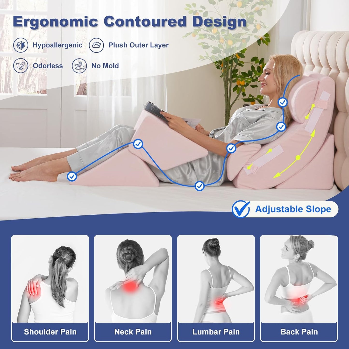 4PCS Orthopedic Bed Wedge Pillow Set for Sleeping, Post Surgery Foam Support Pillows for Back, Neck and Leg Pain Relief, Adjustable Triangle Pillow – Acid Reflux, GERD & Snoring Recovery, White Grey